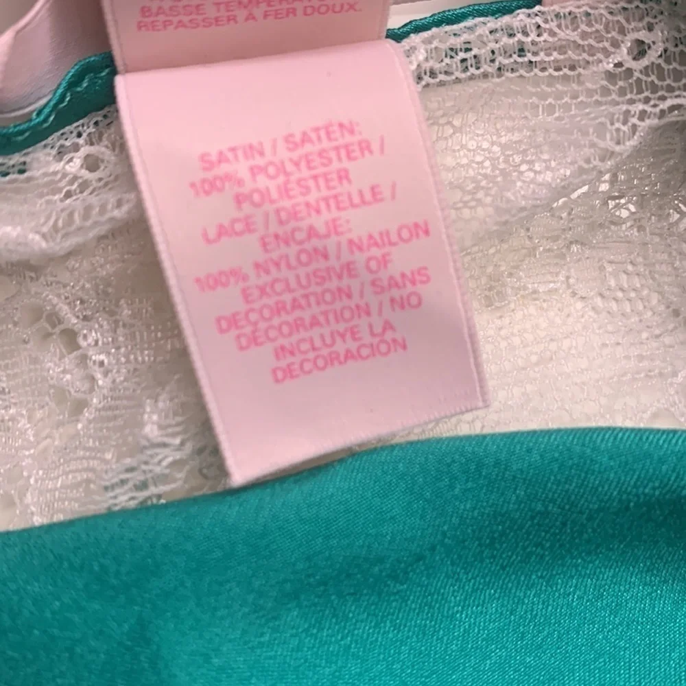 Vintage Victoria Secret aquamarine green white lace nightingale mini slip dress
